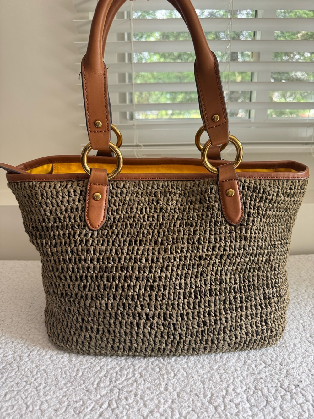 Lauren Ralph Lauren Beige Woven Straw Tote Bag With Yellow Contrasting Lining